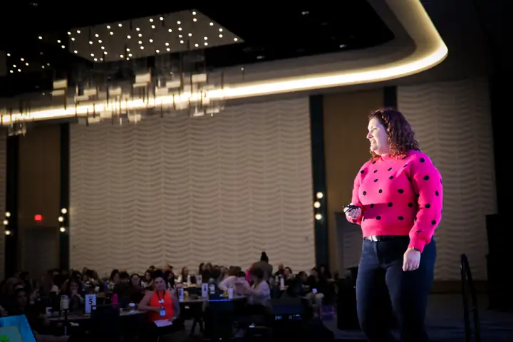 MTJGD Certified Coach Tara Pickford teaching on stage at Studio Owner University 2026